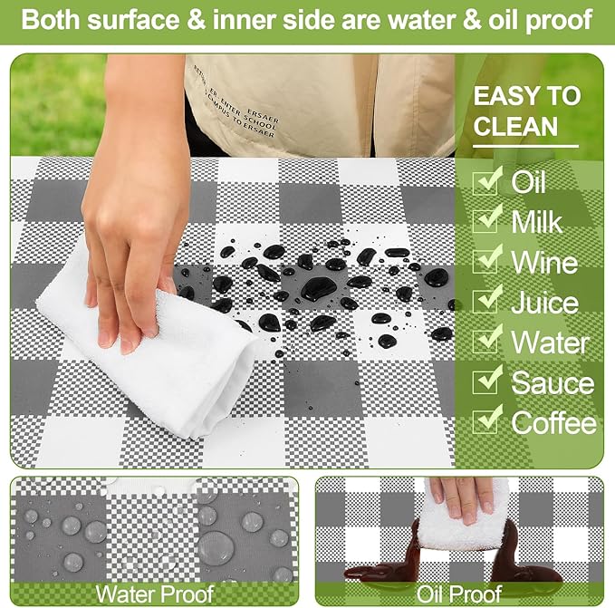 Picnic Table Cover with Bench Covers 6FT 3 Pcs Waterproof Windproof Aesthetic Camping Tablecloth with Drawstring Bag, Fitted for 6 Foot Rectangle Tables and Seats, 72 inch, White Grey Checkered