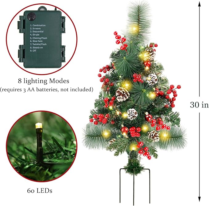 FORUP Set of 2 30 Inch Pre-Lit Pathway Christmas Trees Urn Filler, Outdoor Christmas Tree Decorations for Porch, Driveway, Yard, Garden, with 60 LED Lights, Red Berries, Pine Cones, Red Ball Ornaments