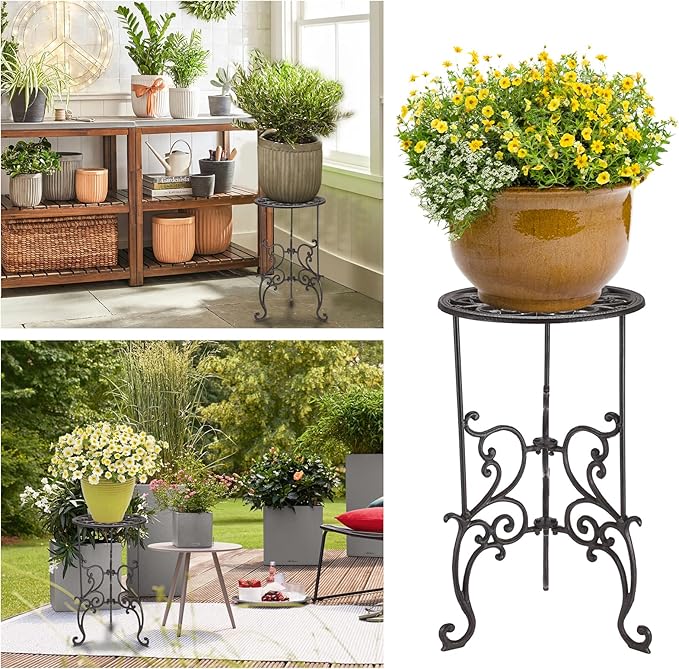 OwnMy Heavy Duty Cast Iron Plant Stand Indoor Outdoor Vintage Wrought Iron Round Flower Pot Holder Stand, 19.3" Tall Decorative Large Potted Plant Stand for Home Garden Patio, Retro-Brown