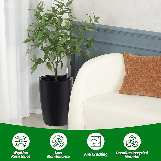 16" Tall Planter Set of 2, Outdoor Planter with Built-in Drainage and Water Level Gauge, Self Watering Planters for Garden, Patio, Balcony, Lounge, Black