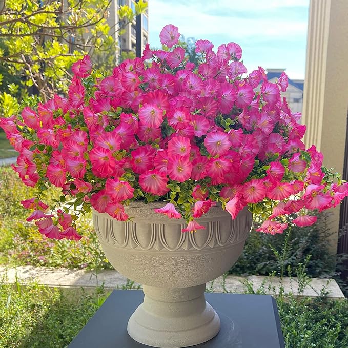 Artificial Flowers Fake Plants for Outdoor Indoor Decoration,16 Bundles UV Resistant Faux Plastic Flowers,Realistic Pink Morning Glory for Planter Porch Patio Home Table Wedding (Pink)