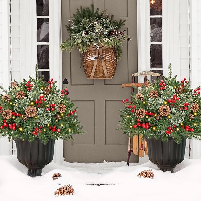 Waipfaru Outdoor Christmas Tree Urn Filler, Prelit Planter Bushes, 22 Inch Lighted Artificial Christmas Tree with Cones & Red Berries for Front Porch Pot Filler Planter Christmas Decorations, 2 Pack