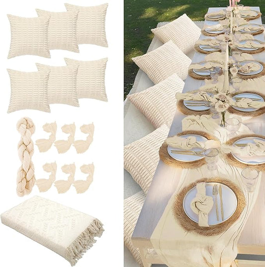 91 x 71 Extra Large Outdoor Boho Picnic Blanket with White Table Runner, 6 Throw Pillow Covers 6 Napkins Woven Cotton Yarn Oversize Beach Blanket Washable Picnic Camp Wedding