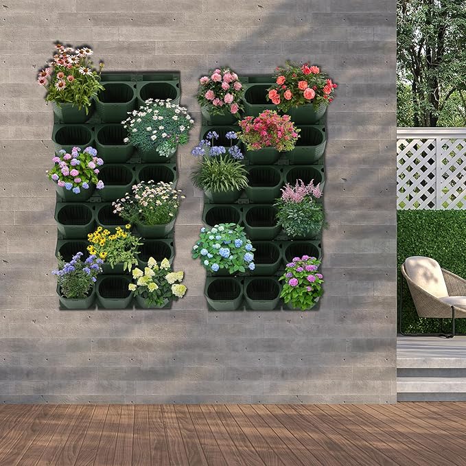 36 Pockets Vertical Wall Planter, Wall Mounted Flower Pot Holder with 180LB Capacity,10.56 oz Self Watering Pots & 36 Non-Woven Bags for Indoor Outdoor Herbs,Flowers,Strawberries (Army Green)