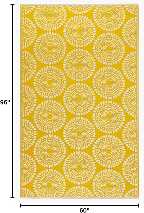 Fab Habitat Outdoor Rug - Waterproof, Fade Resistant, Crease-Free - Premium Recycled Plastic - Floral Medallion - Patio, Porch, Deck, Balcony - Rio - Yellow - 5 x 8 ft