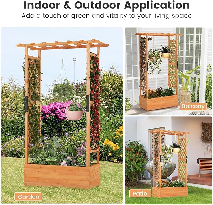 S AFSTAR 72 Inch Raised Garden Bed with Arch Trellis, Hanging Roof & Drainage Holes, 2 Pieces Vertical Plant Container for Vine Climbing Plant Flower, Outdoor Wood Elevated Planter Box for Garden