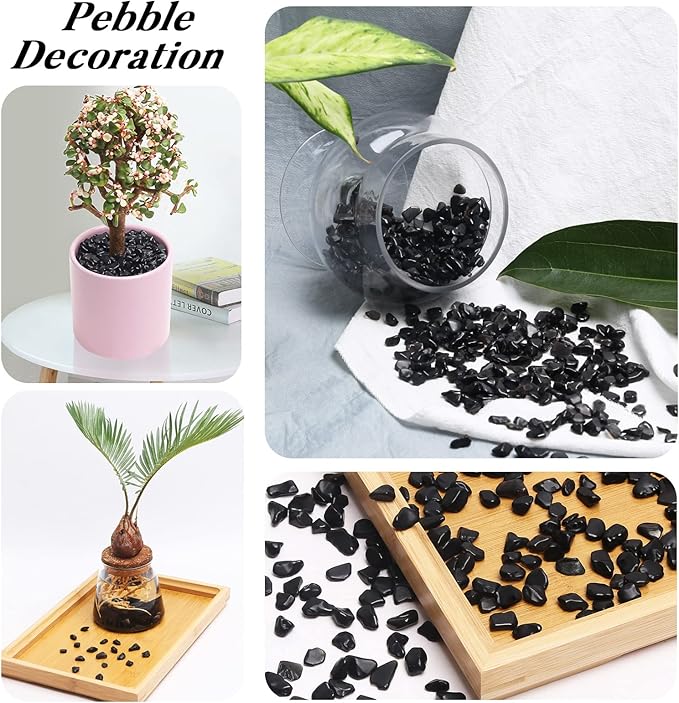 QICQDRAM Black Obsidian Tumbled Stone Chips 0.9 Lb/405g Natural Crystal Stone Decorative Pebbles for Home Decoration & Fish Turtle Tank, Vase Filler, Plants Decor