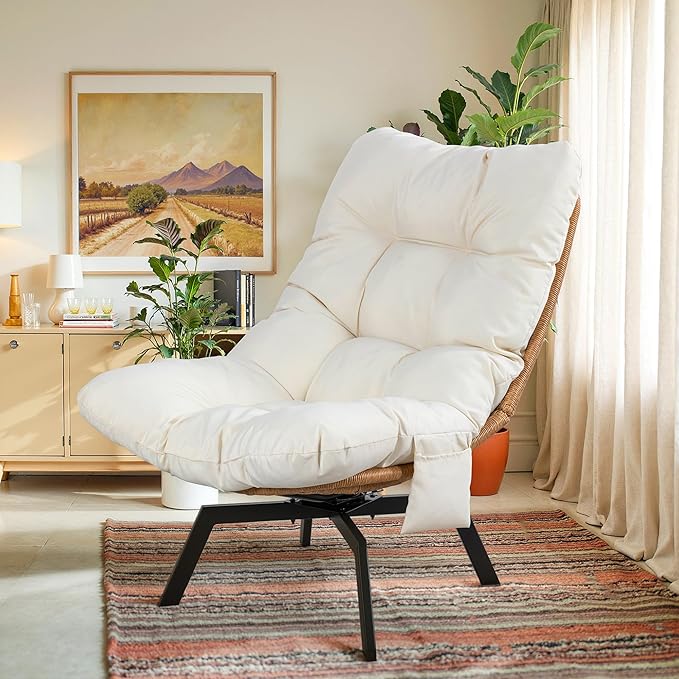 Vongrasig Swivel Wicker Chair PE Rattan Chair with Cushion, Oversized Patio Lounge Chair for Outdoor, Indoor, Balcony, Backyard, Garden, Living Room, Beige