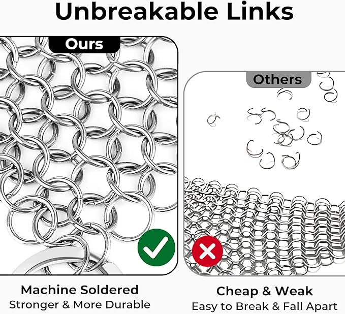 Amagabeli Cast Iron Cleaner 8"x6" 316L Stainless Steel Chainmail Scrubber Cast Iron Skillet Cleaner for Pan Pot Wok Griddles BBQ Grills Cast Iron Cleaning