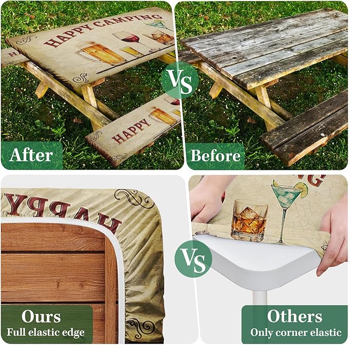 Picnic Table Cover with Bench Covers Elastic Edges, Vintage Camper Fitted Table Cover, Outdoor Camping Essentials 72 Inch 3PCS, Waterproof Camping Fitted Tablecloth with Drawstring Bag