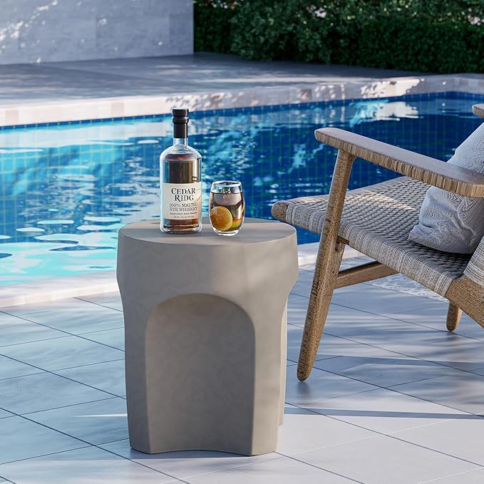 SUNBURY Outdoor Side Tables for Patio, 17" H Concrete Accent End Table, Indoor Small Round Patio End Table, Garden Stools for Yard, Arch Shape Cement Color
