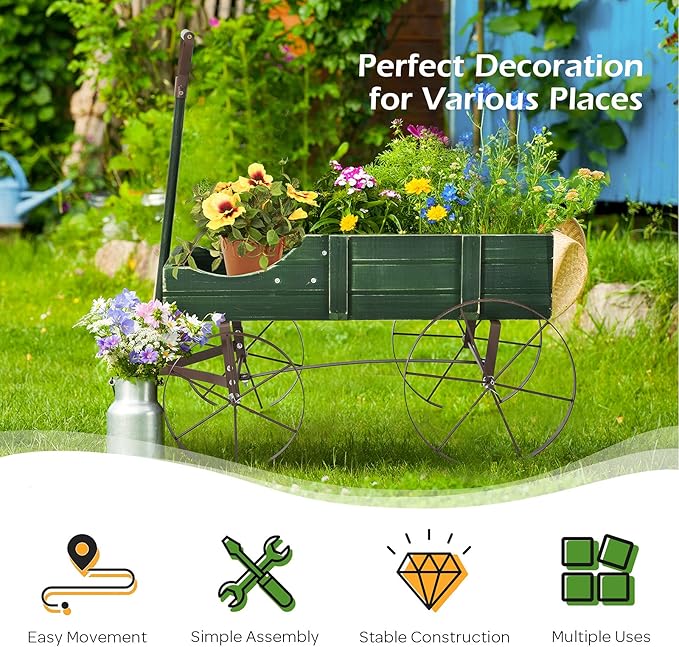 Wooden Wagon Planter with Wheels, Indoor/Outdoor Flower Cart w/Dual-Compartment & Adjustable Handle, Decorative Garden Planter for Home, Yard, Wedding (Green)