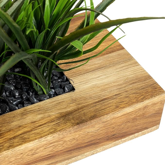 MyGift Large Artificial Green Grass Plants Potted in 14 Inch Premium Acacia Solid Wood Rectangular Planter Box, Decorative Tabletop Faux Greenery Centerpiece Décor