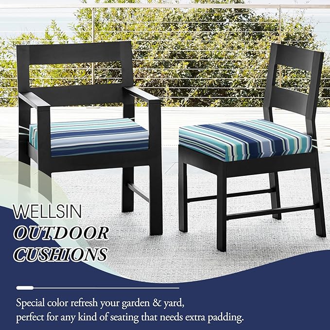 Wellsin Outdoor Chair Cushions for Patio Furniture - Outdoor Cushions for Chairs - Water Resistant Patio Chair Cushions Set of 4, 18.5"X16"X3", Stripe 02
