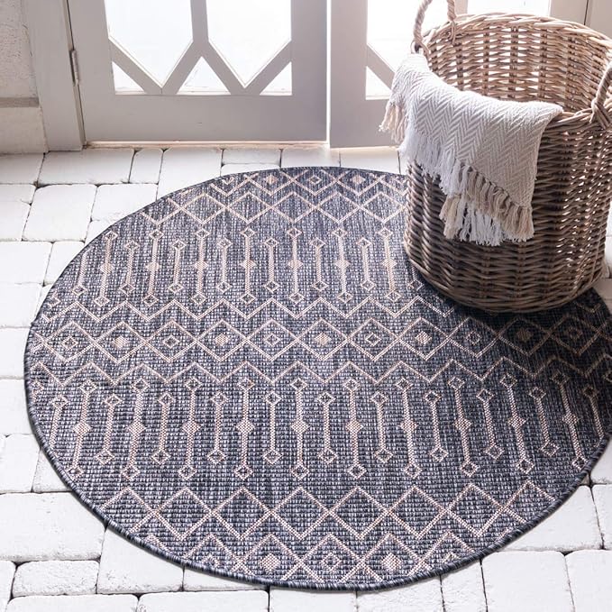 Unique Loom Outdoor Trellis Collection Area Rug - Tribal Trellis (4' 1" Round, Charcoal Gray/ Natural)