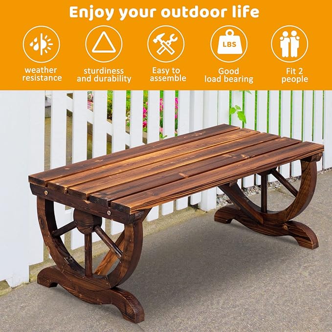 VINGLI Outdoor Rustic Wooden Bench with Wagon Wheel Legs, 2 People Outdoor Benches Garden Bench Front Porch Furniture Patio Lawn Yard Park, Indoor and Ourdoor Decor