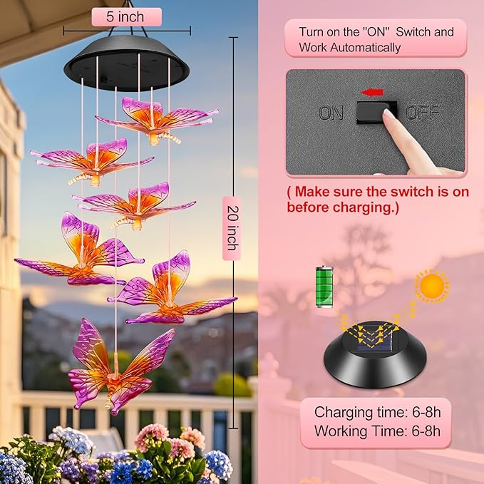 Easter Basket Stuffers Gifts for Her Mom Grandma, Birthday Gardening Gifts for Women, Winzwon Solar Lights Outdoor Wind Chimes for Garden Yard Patio Porch Decor Hanging Butterfly Decorations