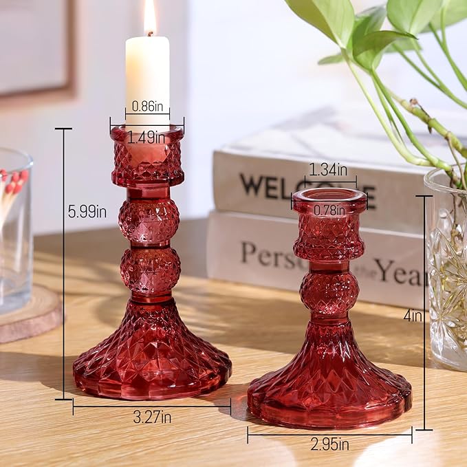 DARJEN Red Glass Candlestick Holders Set of 6, 4" H & 5" H Taper Candle Holders for Candlesticks & Pillar Candles, Diamond Candle Holders for Wedding Party Table Centerpiece, Home Decor