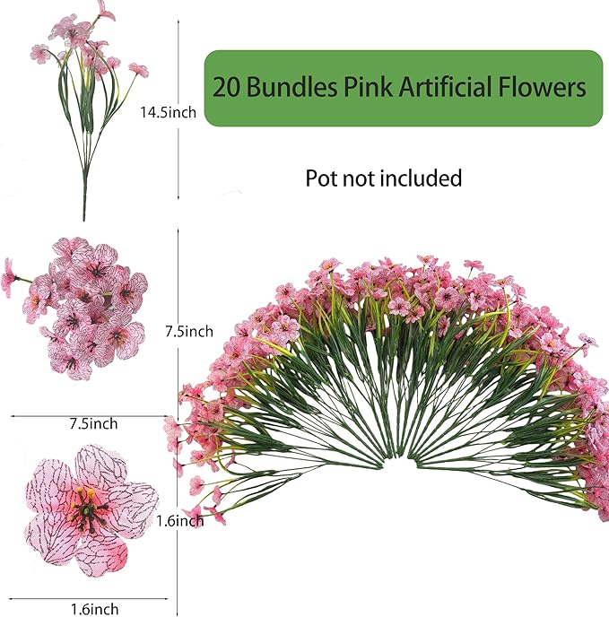 20 Bundles Artificial Flowers for Outdoors, UV Resistant Fake Flowers with Plastic Plants, Faux Silk Flower for Outdoors Planter, Fake Realistic Plant Outside Window Boxes Patio Decor-Pink