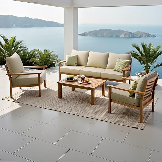 Crestlive Sunbrella 5.5" Outdoor Cushion for Patio Furniture Set of 2, 24 x 24, Waterproof and Fade-Resistant Deep Seat Cushions for Chair, Wicker Sofa and Couch, Antique Beige