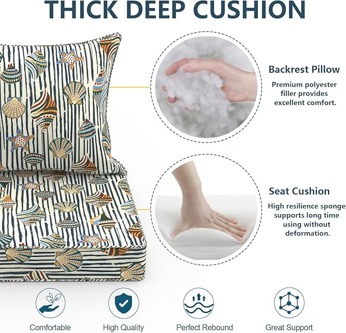 Outdoor Deep Seat Cushion Set, Water Repellent 24"x24" Patio Thick Cushions Replacement with Seat & Back Pillow for Patio Sofa, Wicker Chair, Couch - Crayon Shells