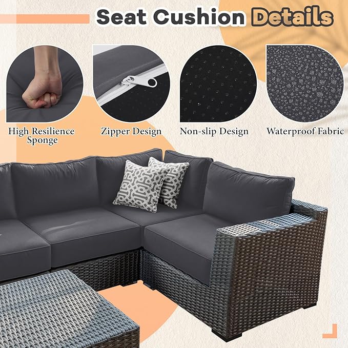 Patelai 14 Piece Outdoor Furniture Replacement Cushions Fits 6 Seat Patio Sectional Cushions Set Waterproof Couch Replacement Sofa Liner Cover for Porch Garden Balcony(Dark Grey)