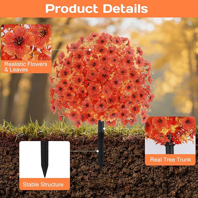 Geegoods Set of 2 Artificial Topiary Ball Tree with Flower for Outdoor, Fall Fake Shrubs Bushes with Ground Spikes, UV Resistant Faux Boxwoods Plants for Garden Porch Patio Decor