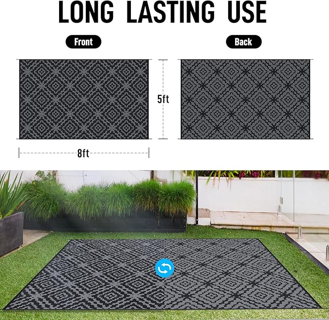 Outdoor Camping Rug Waterproof 5x8FT, Reversible Stain & UV Resistant Plastic Straw RV Rug for Outside Patio Porch Pool Deck Beach Indoor, Area Carpet Mat with Portable Bag&4 Stakes-Black Grey Rhombus