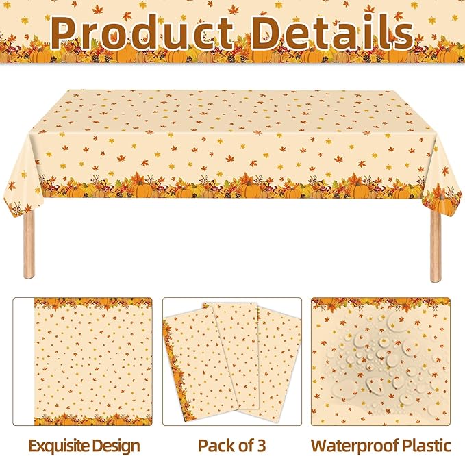 3 Pieces Fall Pumpkin Tablecloth – 54x108 Inch Disposable Thanksgiving Plastic Table Cover with Autumn Leaves and Harvest Design for Fall Party, Friendsgiving, and Seasonal Dinner Decorations