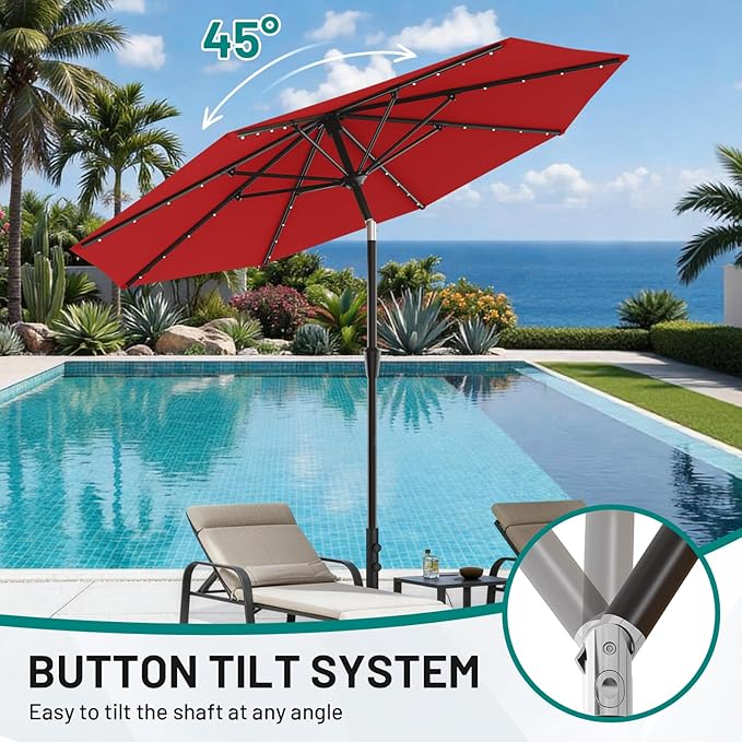 AreShark 9FT Patio Umbrella with Solar Lights, 32 LED Lighted Pool Umbrella w/Tilt and Crank, Outdoor Market Solar Umbrellas for Garden, Deck, Backyard, Pool and Beach, Red