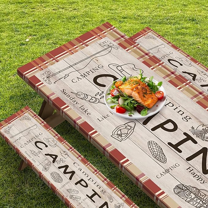 Picnic Table Cover with Bench Covers Elastic Edges, Red Camper Fitted Table Cover, Outdoor Patio Camping Essentials 72 Inch 3PCS, Waterproof Camping Fitted Tablecloth with Drawstring Bag