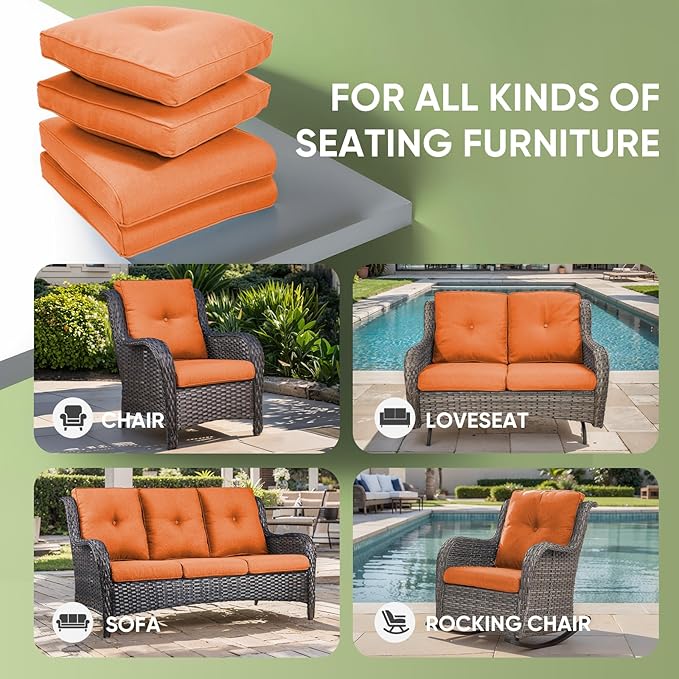 Outdoor Chair Cushion Set of 2, Water-repellent Outdoor Seat Cushions 25x22 , Patio Chair Cushions for Outdoor Furniture, Couch Cushion Replacement, Include 2 Back & 2 Seat Cushions, Button/Orange