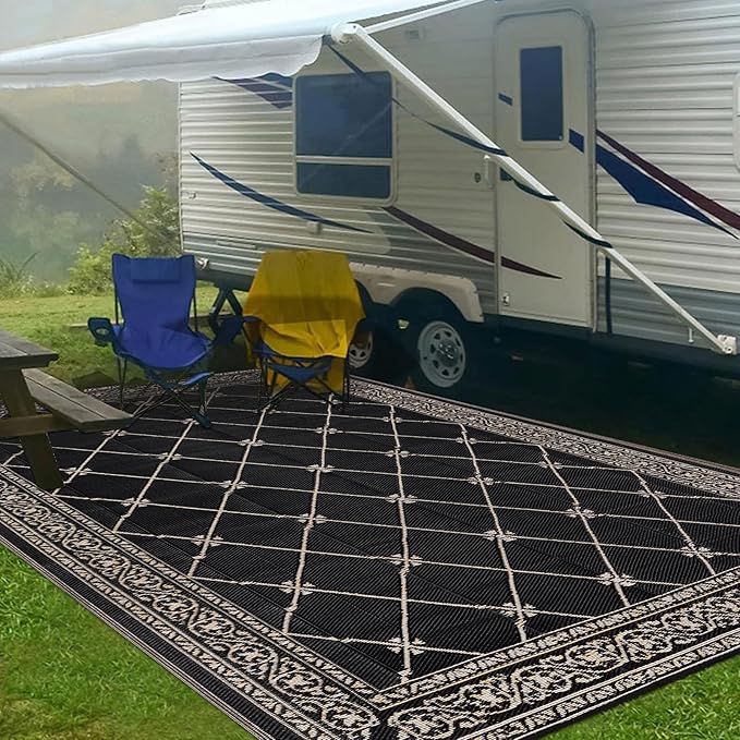 HiiARug Outdoor Rug 8'x10' for Patios Waterproof Patio Rugs Outdoor Mats for Front Porch,Beach Mat,Reversible Plastic Straw Camping Rugs for Outside RV,Deck,Balcony,Backyard，Black&Beige