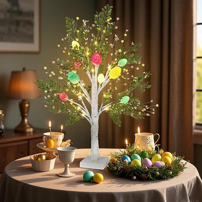 DR.DUDU 27 Inch Easter Decorations for Home – 2 Pack Lighted Easter Trees, Light Up Birch Trees with Easter Egg, Tabletop Spring Decor for Mantel Indoor Office
