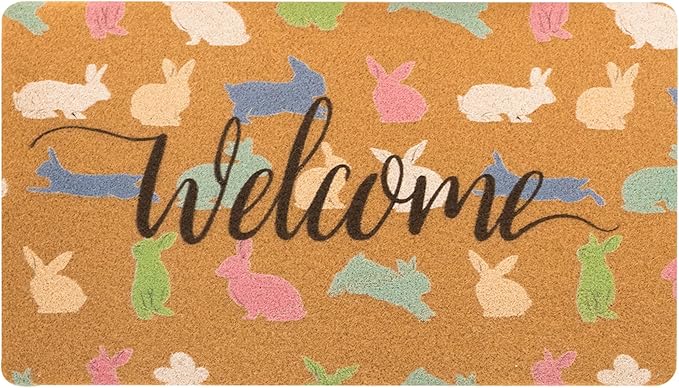 Easter Bunny Welcome Doormat Outdoor Entrance, Spring Cute Rabbit Decor Porch Front Door Mat Outside, 17"X30" Faux-Coir Seasonal Bunny-Rug, Non-Slip Dirt-Trapping for Outside Home Garden Farm