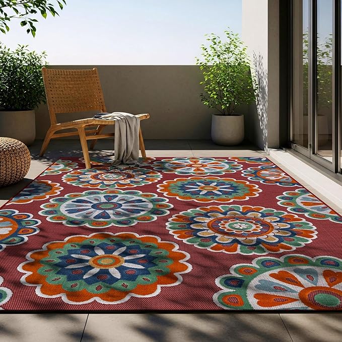 Outdoor Rug 8x10 Washable Area Rugs Indoor Outdoor Carpets Red Bohemian Medallion Non Shedding Waterproof Easy Clean Patio Deck Porch Living Room Bedroom Garden RV (8 X 10 Red)