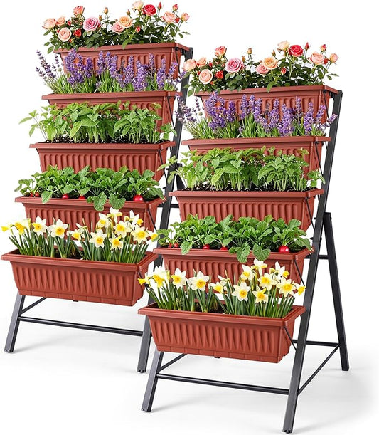 Homdox 2 Pack Vertical Garden Bed, 5 Tiers Vertical Raised Garden Planter, 23 * 26 * 45Inch Outdoor Garden Raised Bed with 4 Hooks, Vegetable Flower Planter Raised Stand for Garden Patio Yard, Brown
