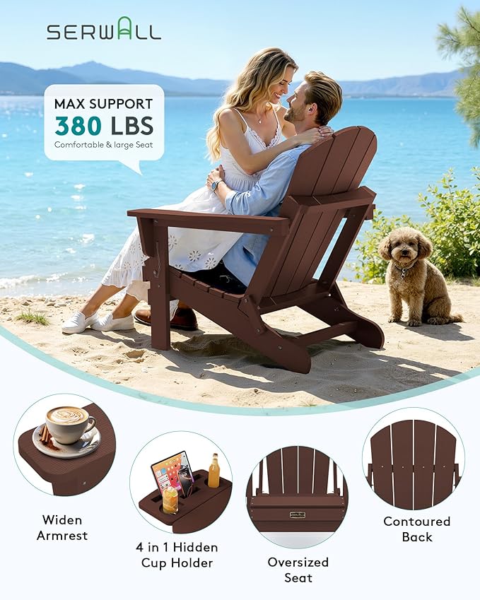 SERWALL Folding Adirondack Chair Set of 2, HIPS Adirondack Chairs with 4 in 1 Cup Holder, Weather Resistant Plastic Chairs for Patio Garden Outdoors Fire Pit-Coffee
