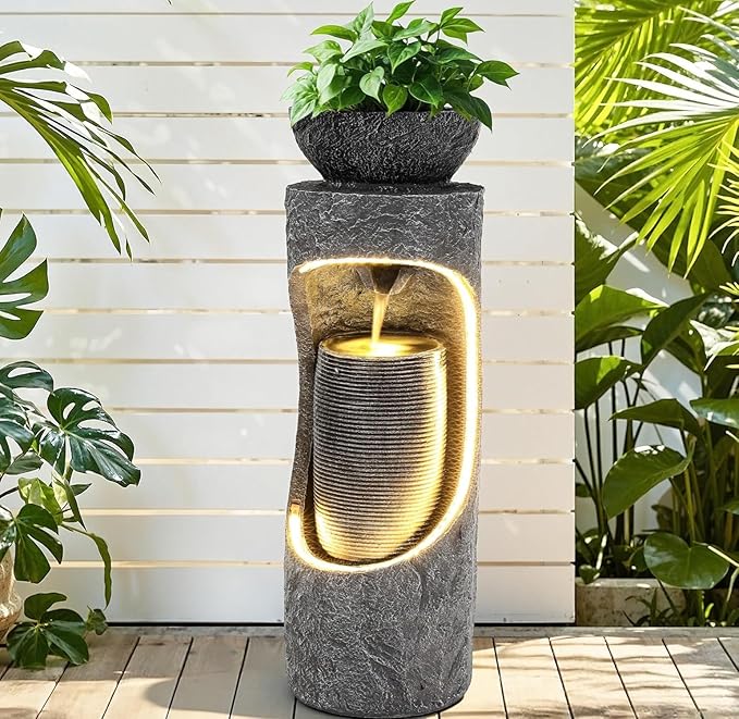 40" Tall Outdoor Water Fountain, Dual-Layer Column Garden Fountain with Bird Feeder, Resin Soothing Cascading Waterfall Foutain for Patio, Backyard, Garden or Porch Decor