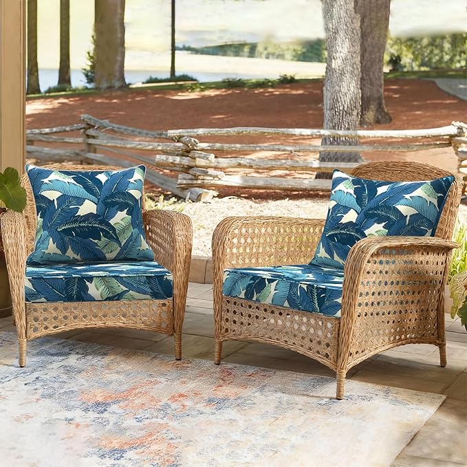 Outdoor Deep Seat Cushion Set, Water Repellent 24"x24" Patio Thick Cushions Replacement with Seat & Back Pillow for Patio Sofa, Wicker Chair, Couch - Swaying Palms Blue