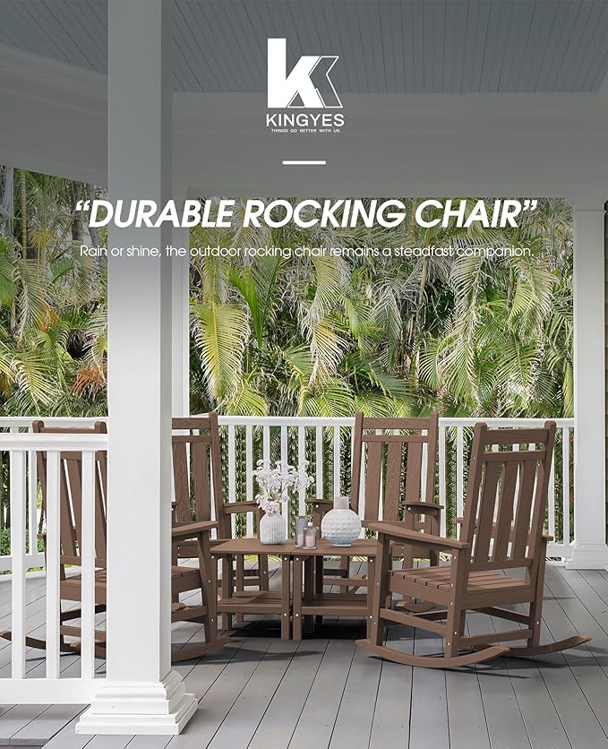 KINGYES Outdoor Rocking Chair Set of 6, All-Weather Patio Rocking Chairs for Porch, HDPE Rocking Outdoor Chairs with High Back for Adult, Heavy Duty Outdoor Patio Rockers for Garden, Lawn, Brown