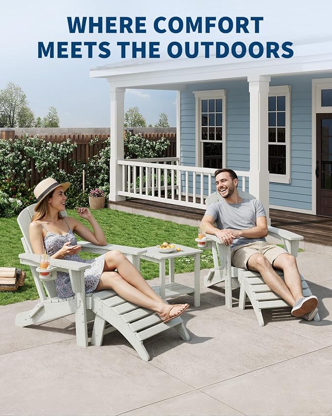 Folding Adirondack Chair Set of 5, All-Weather HDPE Outdoor Chair, Wooden Textured with Cup Holder for patios, Decks, Gardens, fire pits, White