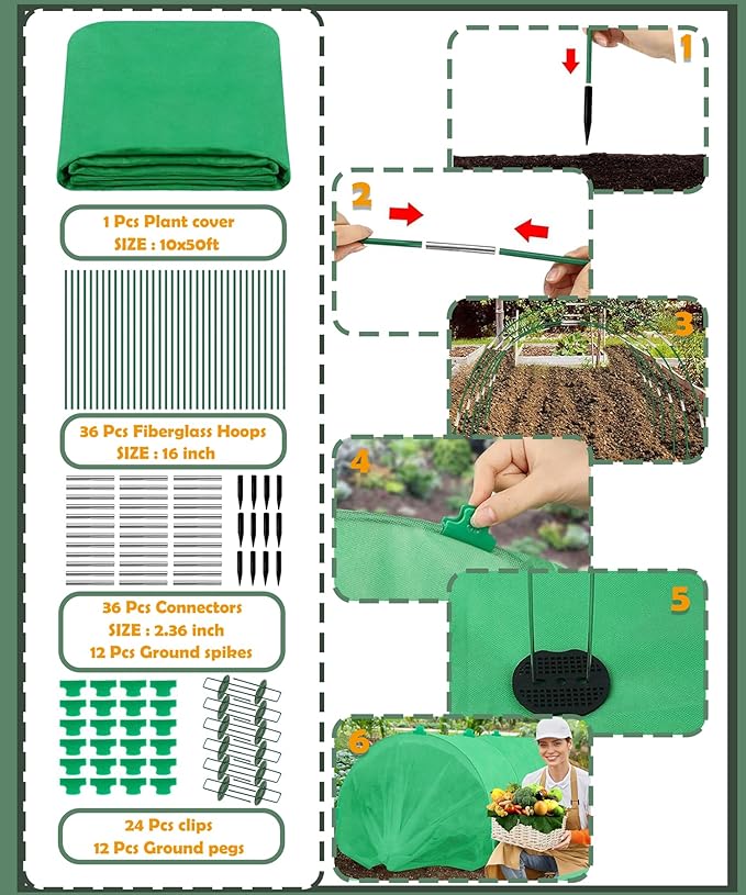 10ft x 33ft Plant Frost Protection Cover, 1.3 oz/yd² Reusable Freeze Blanket with 36 Hoops & 12 Stakes, Garden Greenhouse Tunnel for Winter Snow, Frost & Pest Protection on Outdoor Raised Beds
