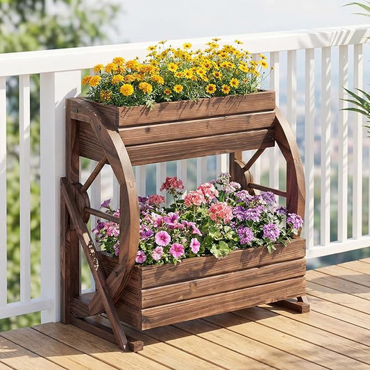 Giantex Wooden Wagon Planter Box, 2-Tier Garden Planter with Drainage Holes for Flowers Herbs Vegetables, Indoor Outdoor Decorative Planter Container for Patio Garden Balcony (1)