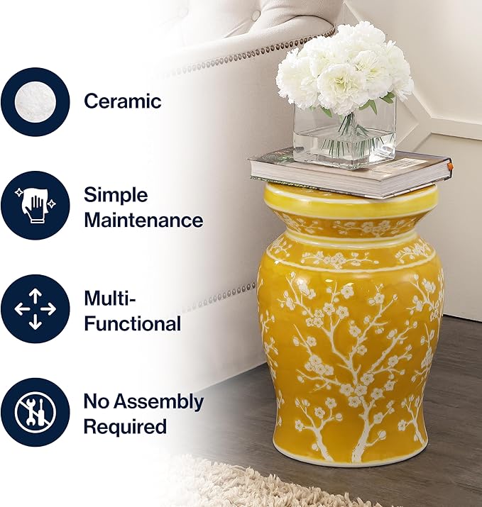 JONATHAN Y TBL1017E Cherry Blossom 17.75" Ceramic Indoor/Outdoor Garden Stool Coastal, Contemporary, Transitional, Patio, Garden Room, Bathroom, Living Room, Yellow/White