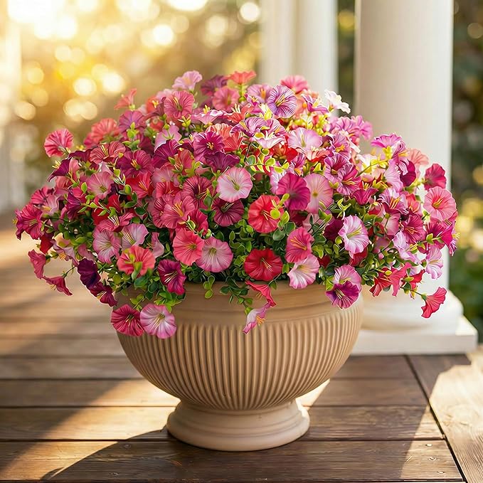 12Pcs Artificial Outdoor Flowers for Outdoors, Faux Silk Realistic Morning Glory Floral Arrangement Planter UV Resistant for Porch Patio Window Box Balcony Garden Decor (12pcs Mixed Pink)