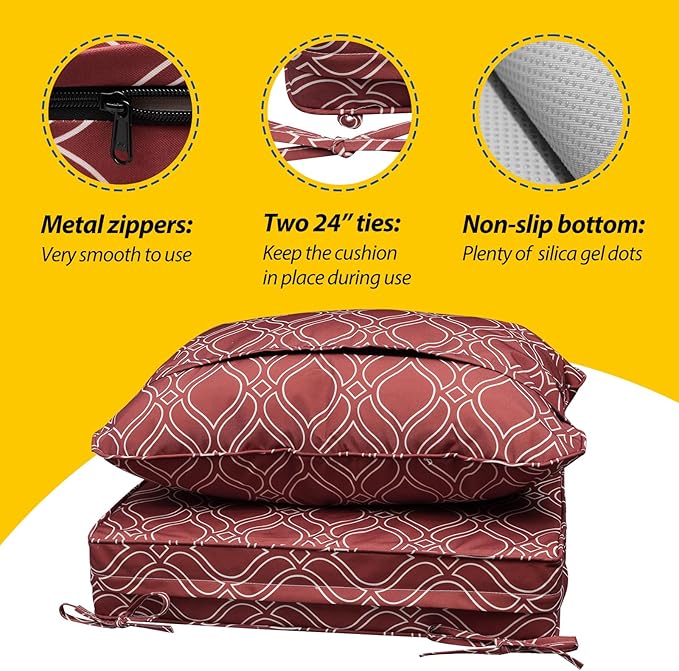 AAAAAcessories Outdoor Seat Cushions for Chairs, Fade-Resistant, Waterproof Patio Furniture Replacement Cushions, 19" x 19" x 3" + 19" x 17", Clay Red Vine Trellis