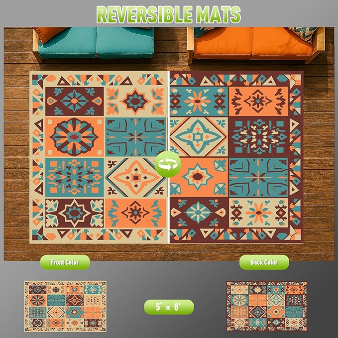 WILDROOTS 5x8 Feet Vintage Patchwork Plastic Outdoor Rug, Stain Resistant Waterproof Reversible Outdoor Patio Rug, Fade Resistant Camping Rug