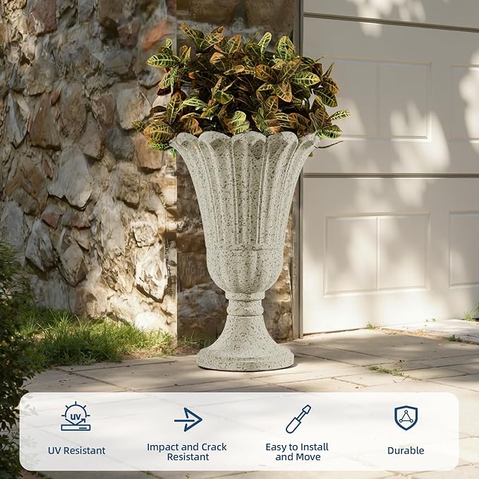 Heavy-Duty 23.6" Tall Urns Planters for Outdoor Plants - Set of 2 Water Storage Base Large Outdoor Planter for Porch, Sandblasting Process Indoor Flower Pots for Home Decor/Garden Vase, Beige
