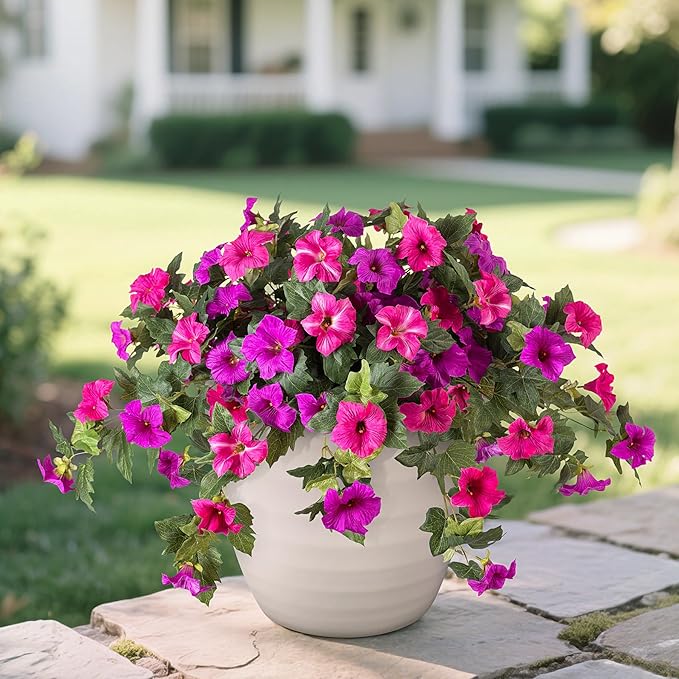 Artificial Fake Flowers for Outdoor Spring Decoration, 2PCS Faux Silk Petunias No Fade UV Resistant Flowers for Outside Garden Porch Yard Balcony Patio Realistic Indoor Decor(Fuchsia)
